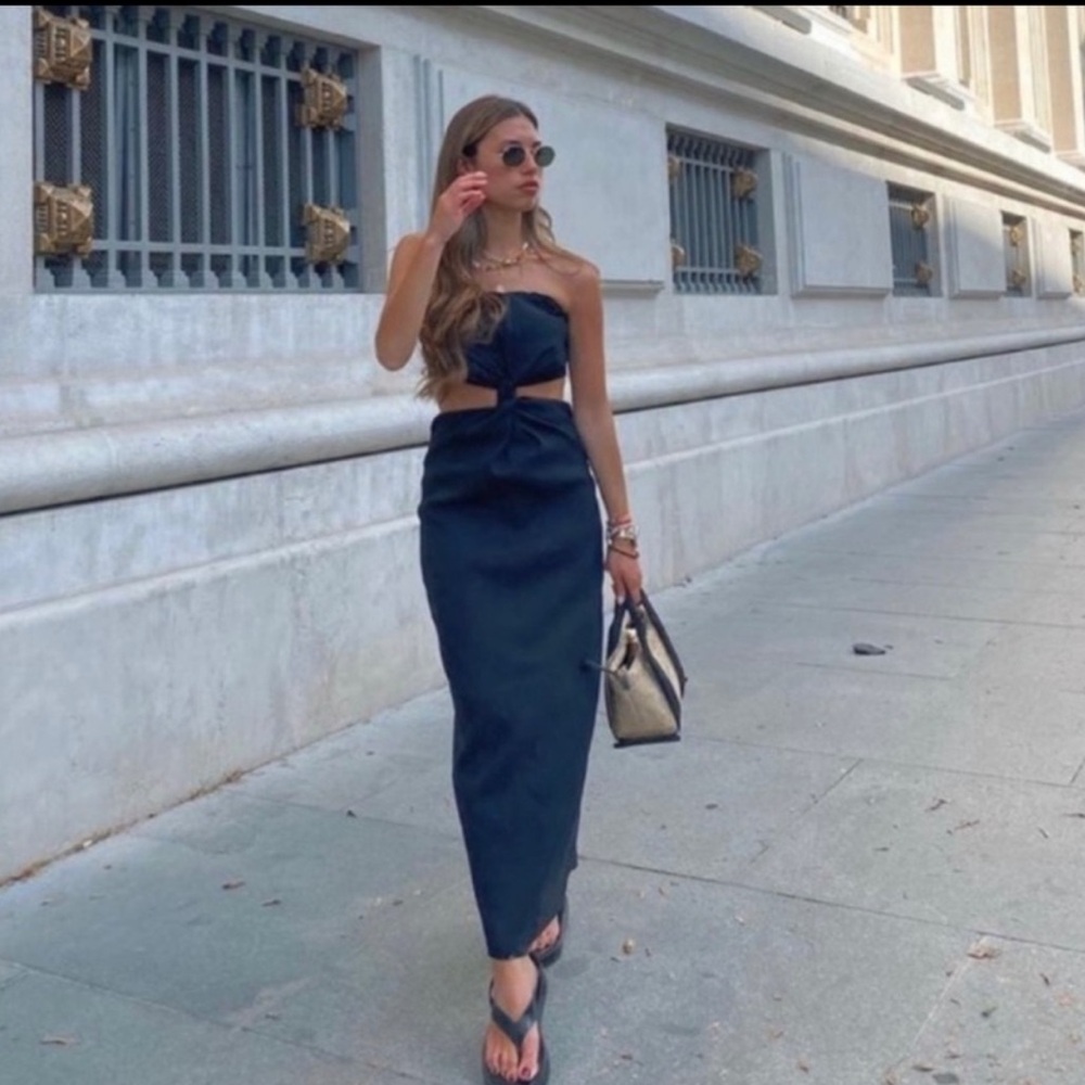 Zara Black linen maxi dress with a twist in the front and cut outs on the side